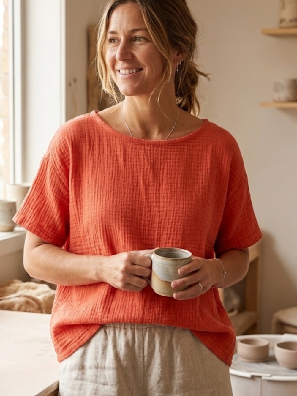 EILEEN FISHER Medium Orange Organic Cotton Slub Gauze Pullover Top Lagenlook